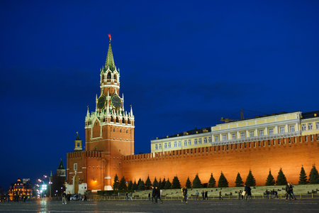 Moscow, Russia - JANUARY, 2016: Spasskaya Tower and the Kremlin wall on Red Square. Night view.