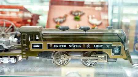MOSCOW - MARCH, 2018:Military locomotive. Showcase with old toys in a retro toy store.