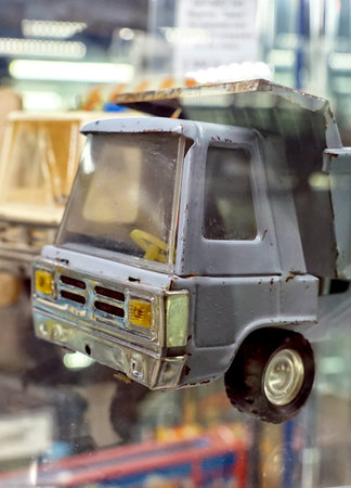 MOSCOW - MARCH, 2018: Metal truck cab. Showcase with old toys in a retro toy store.のeditorial素材