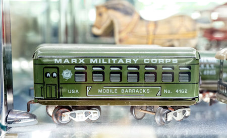 MOSCOW - MARCH, 2018: Metal transport car. Showcase with old toys in a retro toy store.のeditorial素材