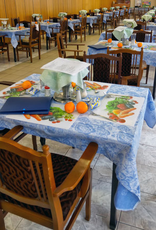 MOSCOW - MARCH, 2018: The interior of the dining room in the home for veteran scene.のeditorial素材