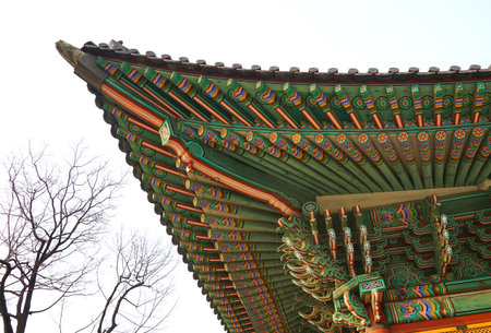 Seoul, March - 2019: Part of the roof of an ancient Korean palace building. Deoksugung Palace, Seoul.のeditorial素材
