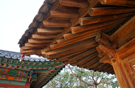 Part of the roof of an ancient Korean palace building. Deoksugung Palace, Seoul.のeditorial素材