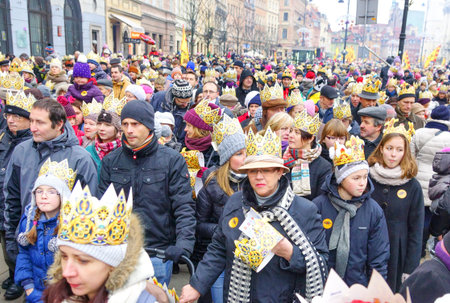 Warsaw - January 2013: Costumed procession. Epiphany or Three Kings Day in Poland.