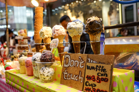 Seoul, Republic of Korea - August 2019: Street Food. Myeongdong shopping streetのeditorial素材