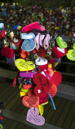 Seoul, Republic of Korea - August 2019: Wedding locks of love. Mount Namsan.のeditorial素材