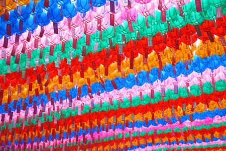 Seoul, Republic of Korea - March 2019: Jogyesa Temple, a Buddhist monastery. Multi-colored paper lanterns.のeditorial素材