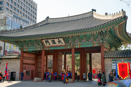 Seoul, March - 2019: Guard change ceremony at the Deoksugung Royal Palace.のeditorial素材