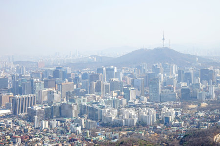 Seoul, March - 2019:  View of the city of Seoul from a height, the central part of the city. Inwangsan Mountain.のeditorial素材