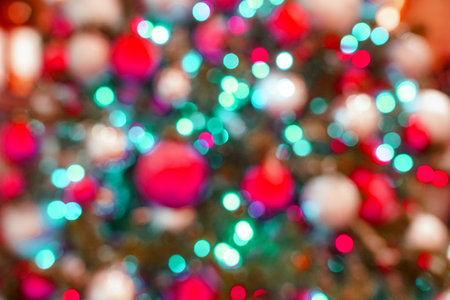 Christmas background, Christmas toys on green branches. Defocused Imageの写真素材
