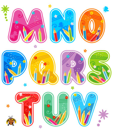 Colorful decorated spring, summer or school alphabet set, part 2 (of 3), letters M - V, with design elementsのイラスト素材