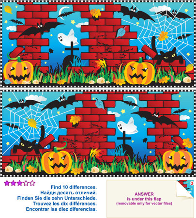 Visual logic puzzle  Find the ten differences between the two pictures - Halloween night sceneのイラスト素材