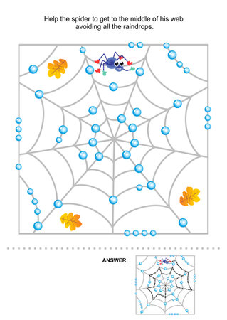 Maze game for kids  Help the spider to get to the middle of his web avoiding all the raindrops  Answer included のイラスト素材