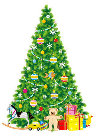 Christmas tree with ornaments, gifts and toysのイラスト素材