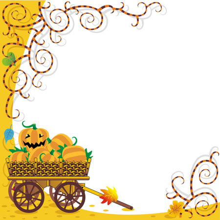 Framed Halloween or autumn background with funky vines and wagon full of pumpkinsのイラスト素材