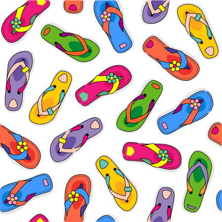 Seamless  repeatable, easy tilable, repeat  pattern  print, background, swatch, wallpaper  of colorful flip-flops scattered over white backdrop のイラスト素材