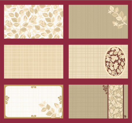 Business cards templates set of six with rose floral patterns and fabric texture, horizontal, tan, brown, goldのイラスト素材