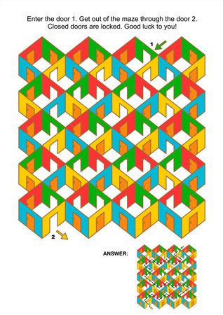 Maze game  Enter the door 1  Get out of the maze through the door 2  Answer included のイラスト素材
