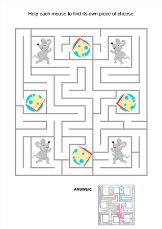 Maze game for kids  Help each mouse to find its own piece of cheese  Answer included のイラスト素材