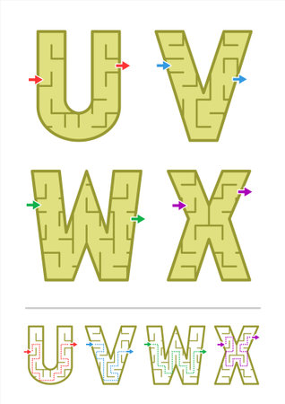 Easy alphabet maze games for kids - letters U, V, W, X. Answers included.のイラスト素材