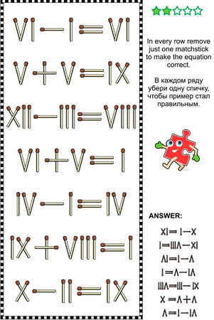 Visual math puzzle with roman numerals: In every row remove just one matchstick to make the equation correct. Answer included.のイラスト素材