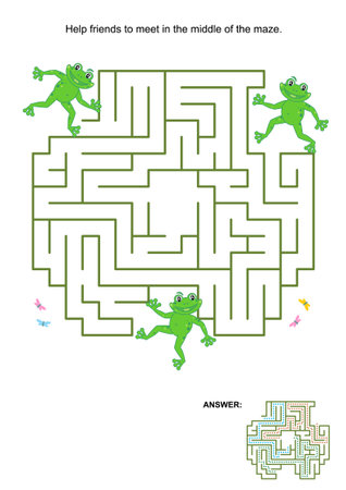 Maze game for kids: Help the frog friends to meet in the middle of the maze. Answer included.のイラスト素材