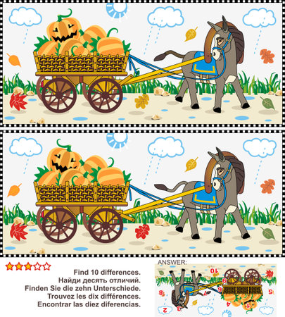 Halloween, autumn or harvest themed visual puzzle: Find the ten differences between the two pictures of donkey pulling a cart with pumpkins in the rainy fall day. Answer included.のイラスト素材