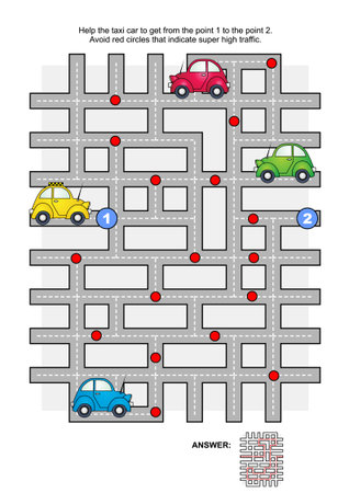Road maze game: Help the yellow taxi car to get from the point 1 to the point 2. Avoid red circles that indicate super high traffic. Answers included.のイラスト素材