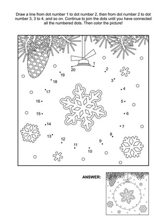 Winter, New Year or Christmas themed connect the dots picture puzzle and coloring page - bauble with snowflake. Answer included.のイラスト素材