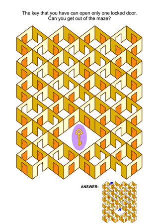 Maze game with magic key, rooms and doors: The key that you have can open only one locked door. Can you get out of the maze? Answer included.のイラスト素材