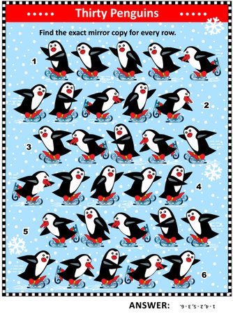 Christmas, winter or New Year IQ training visual puzzle: Match the pairs - find the exact mirror copy for every row of skating penguins. Answer included.のイラスト素材