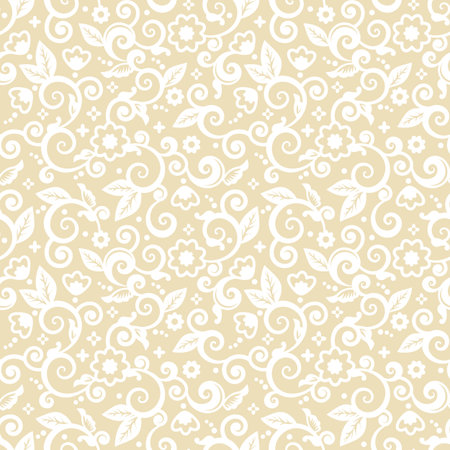 Seamless (you see 4 tiles) elegant white on pale gold abstract floral pattern, print, wallpaper, swatch, texture or backgroundのイラスト素材