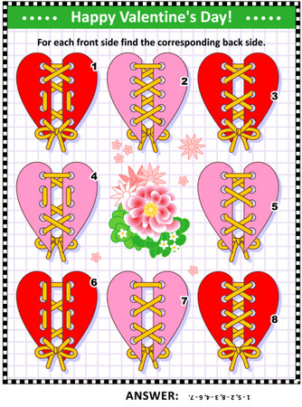 Valentine's Day themed visual puzzle with heart shaped cards and lacings: For each front side find the corresponding back side. Answer included.のイラスト素材