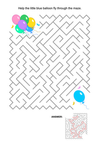 IQ training maze game for kids or grown-ups: Help alone blue balloon fly through the labyrinth and join the friends. Answer included.のイラスト素材