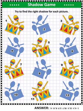 IQ training visual puzzle or picture riddle with musical toy instruments: Try to find the right shadow for every picture of drum and maracas. Answer included.のイラスト素材