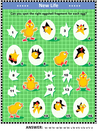 Spring or Easter themed visual logic puzzle or picture riddle: Match the holes in the eggs to the eggshell fragments. Answer included.のイラスト素材