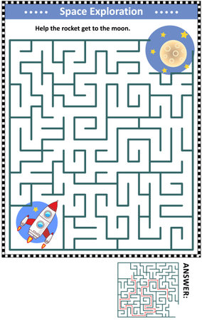 Space exploration themed maze game for children with rocket or spaceship getting to the moon. Answer included.のイラスト素材