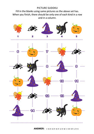 Halloween festival themed picture sudoku puzzle 5x5 (one block) with pumpkin, black cat, spider, autumn leaves, witch's hat. Answer included.のイラスト素材