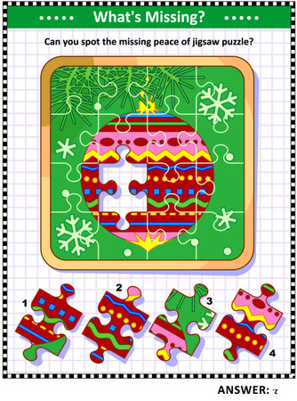 Winter holidays joy themed visual puzzle with  bauble on christmas tree branch jigsaw puzzle (suitable both for children and adults): What's Missing? Can you spot the missing peace of jigsaw puzzle? Answer included.のイラスト素材