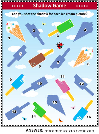 Visual puzzle or shadow game: Can you spot the shadow for each ice cream picture? Answer included.のイラスト素材