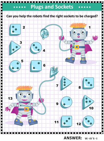 Technology themed educational puzzle: Can you help the robots find the right sockets to be charged? Answer included.のイラスト素材