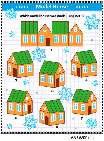 IQ and spatial reasoning training visual math puzzle (suitable both for kids and adults) or picture riddle: Which model house was made using net 1? Answer included.のイラスト素材