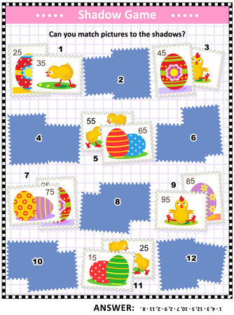 Easter themed shadow visual puzzle (suitable both for kids and adults): Can you match pictures to the shadows? Answer included.のイラスト素材