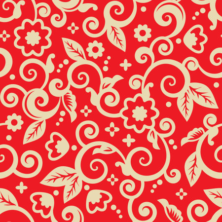 Red and gold seamless floral pattern for backgrounds, wallpapers, prints, wrapping papers, etc., with scrolls and swirls and abstract flowersのイラスト素材