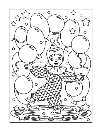 Coloring page with little cute clown performing with balloonsのイラスト素材