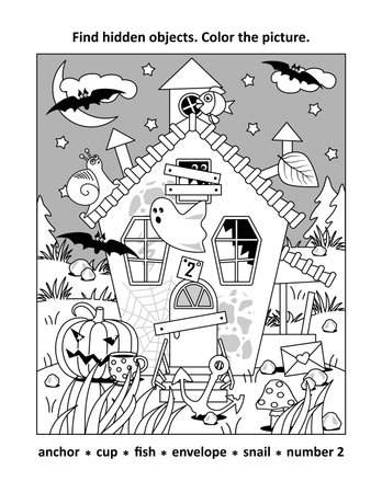 Find hidden objects picture puzzle and coloring page. Halloween haunted house.のイラスト素材