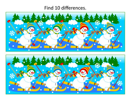 Difference game with skiing snowmenのイラスト素材