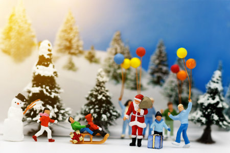 Miniature people: children enjoy wiht  Santa Claus  and snowman. Christmas day concept.
の写真素材