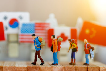 Miniature travelers and backpack, Concept of travel around the world and adventure.
