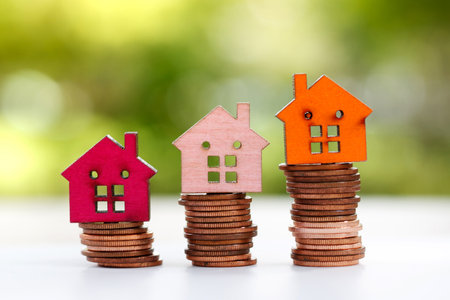 Wooden house model on coins stack. Property, Finance, investment and growth in business concept.の写真素材